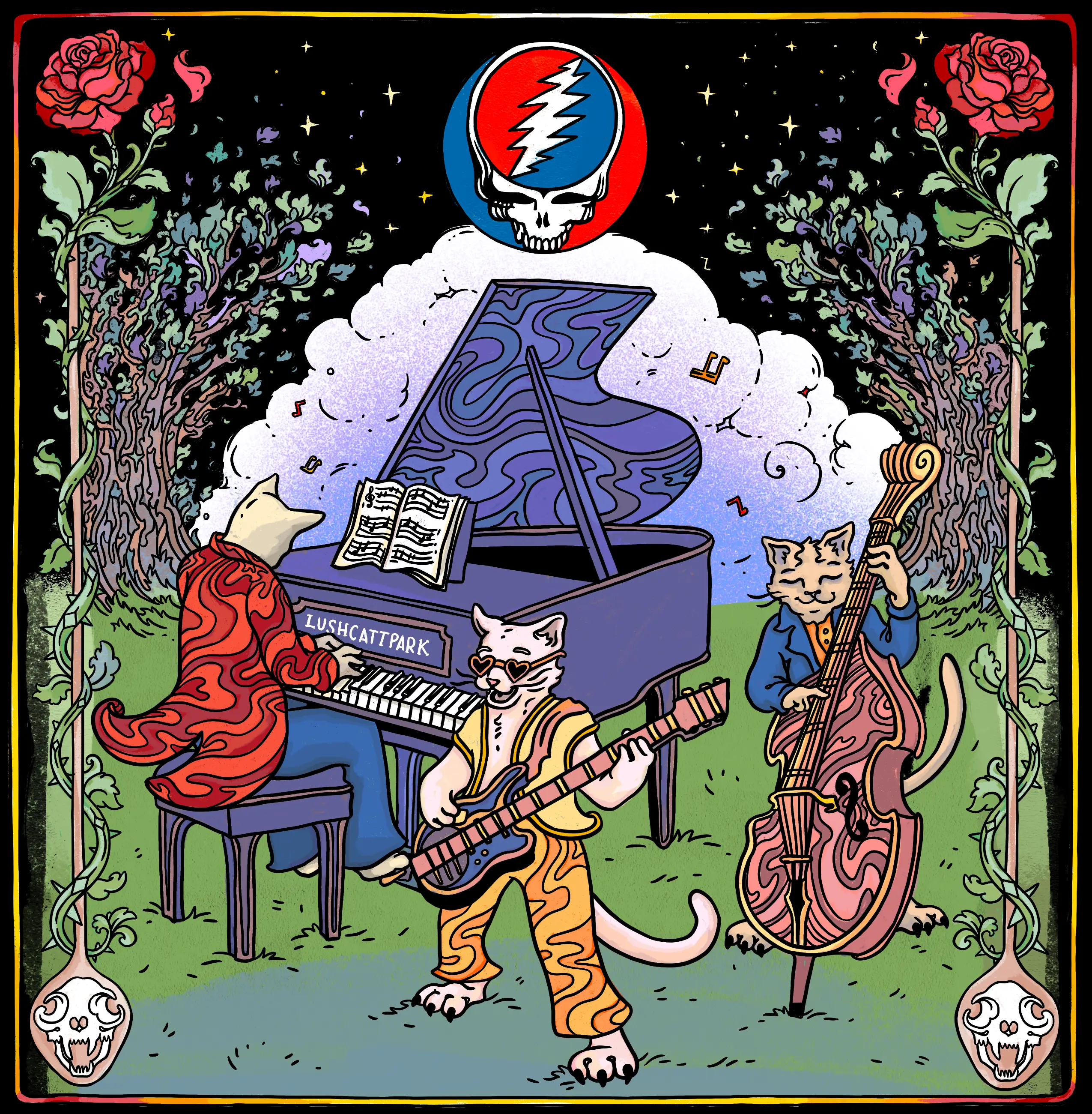 LushCattPark band illustration: three feline musicians — a fox in a red coat at a grand piano marked LUSHCATTPARK, a tiger-striped cat playing electric guitar, and a gray cat playing upright bass — beneath a Grateful Dead Steal Your Face skull, framed by climbing roses and trees on a deep black background.